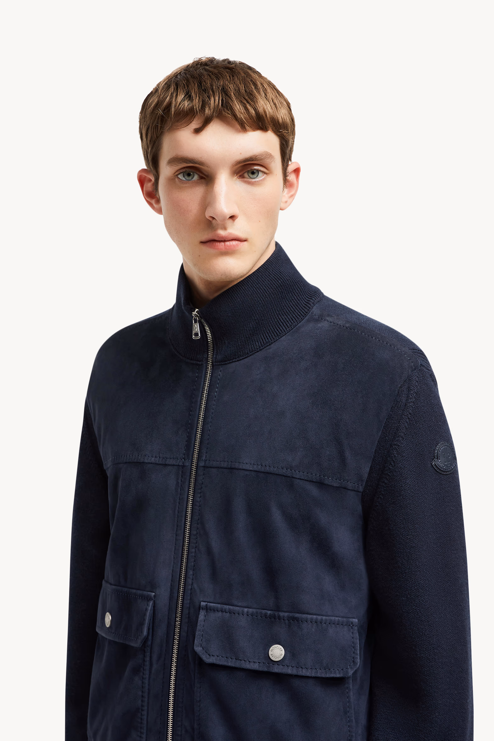Cárdigan con cremallera de lana, algodón y ante Hombre Azul marino Moncler 4